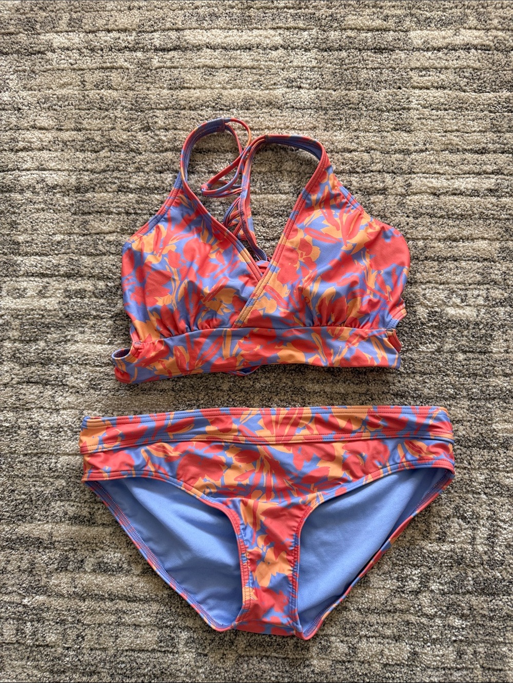 Prana Coral & Blue Floral Halter Bikini Set